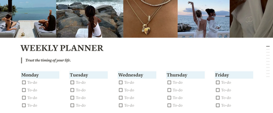 A digital weekly planner interface shown with different sections including daily to-do lists, weekly planning, habit tracker, project status, and reminders.