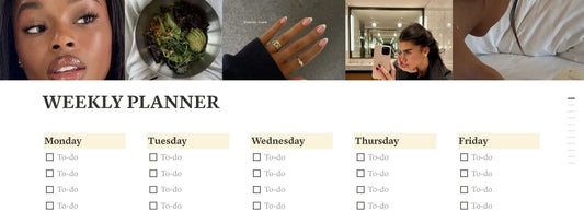 A digital weekly planner with sections for Monday to Sunday, featuring a gold and white color scheme. The planner includes daily to-do lists, a monthly calendar, a habit tracker, a projects section, and a notes section.